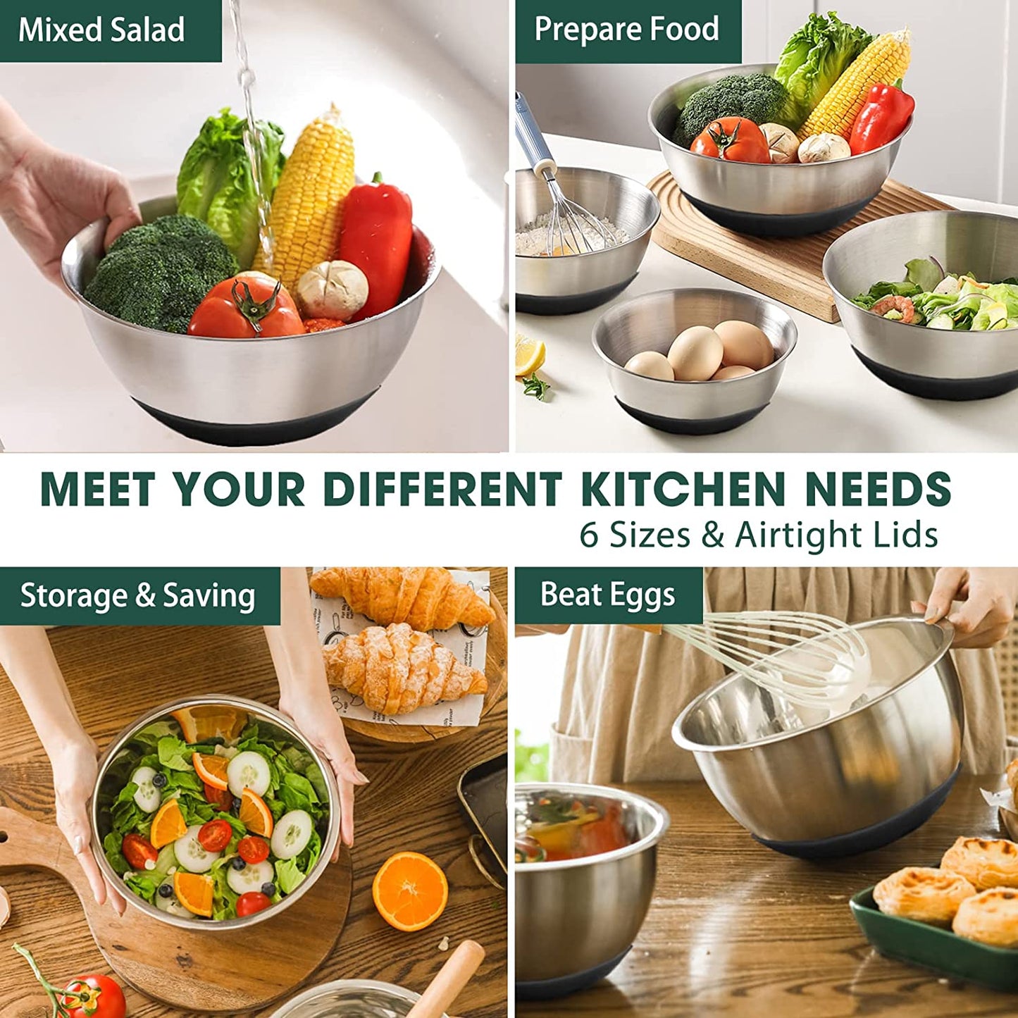 Mixing Bowls with Airtight Lids,6 Piece Stainless Steel Metal Nesting Storage Bowls, Non-Slip Bottoms Size 7, 3.5, 2.5, 2.0,1.5, 1QT, Great for Mixing & Serving(Black)