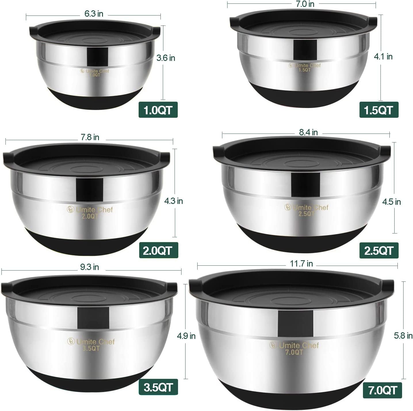 Mixing Bowls with Airtight Lids,6 Piece Stainless Steel Metal Nesting Storage Bowls, Non-Slip Bottoms Size 7, 3.5, 2.5, 2.0,1.5, 1QT, Great for Mixing & Serving(Black)