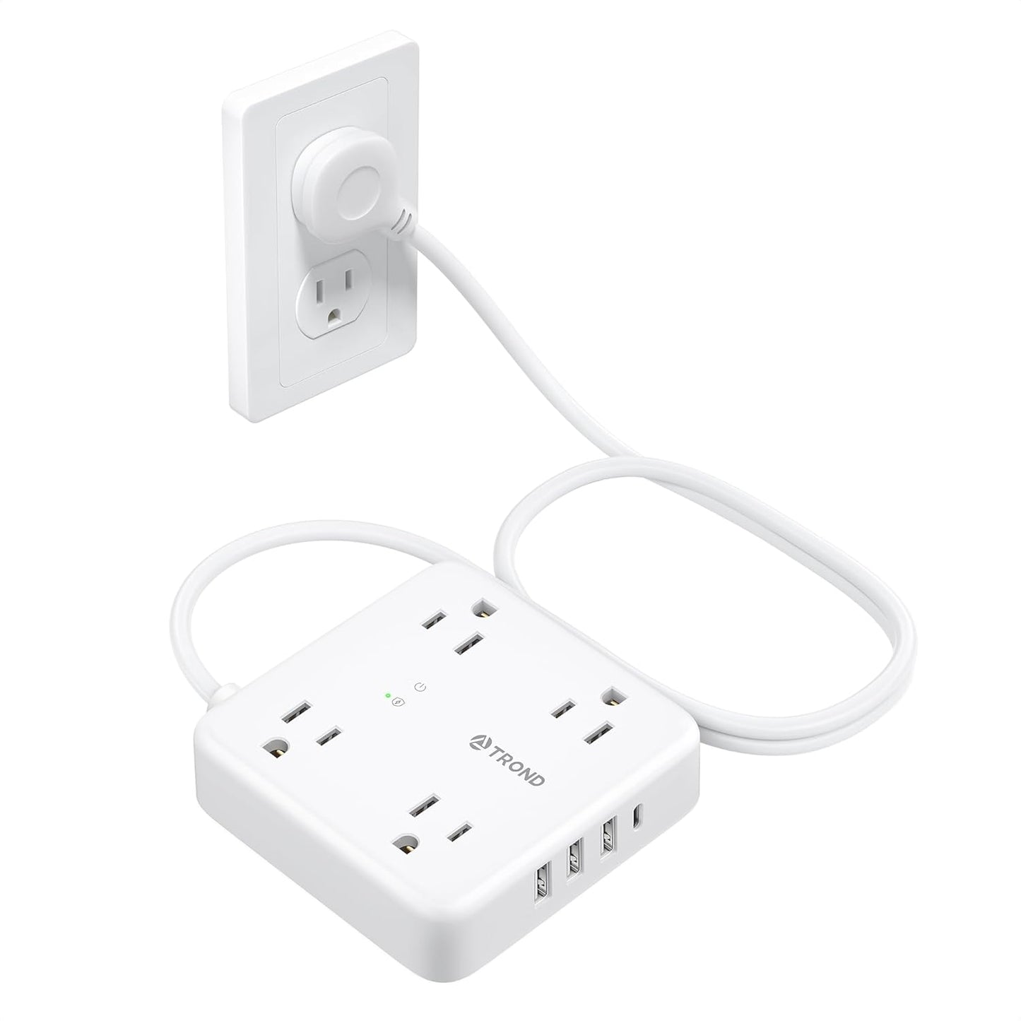Surge Protector Power Strip with USB Ports, 5Ft Flat Plug Extension Cord with Multiple Outlets, 1440J, Wall Mount for Home Office Dorm Room Essentials, White