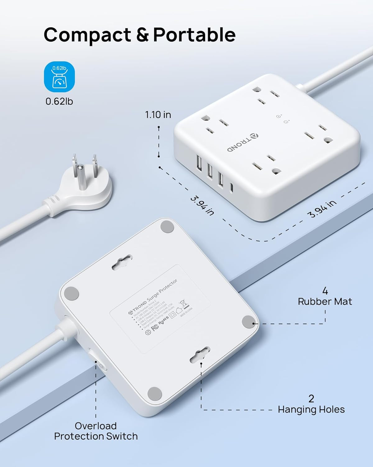 Surge Protector Power Strip with USB Ports, 5Ft Flat Plug Extension Cord with Multiple Outlets, 1440J, Wall Mount for Home Office Dorm Room Essentials, White