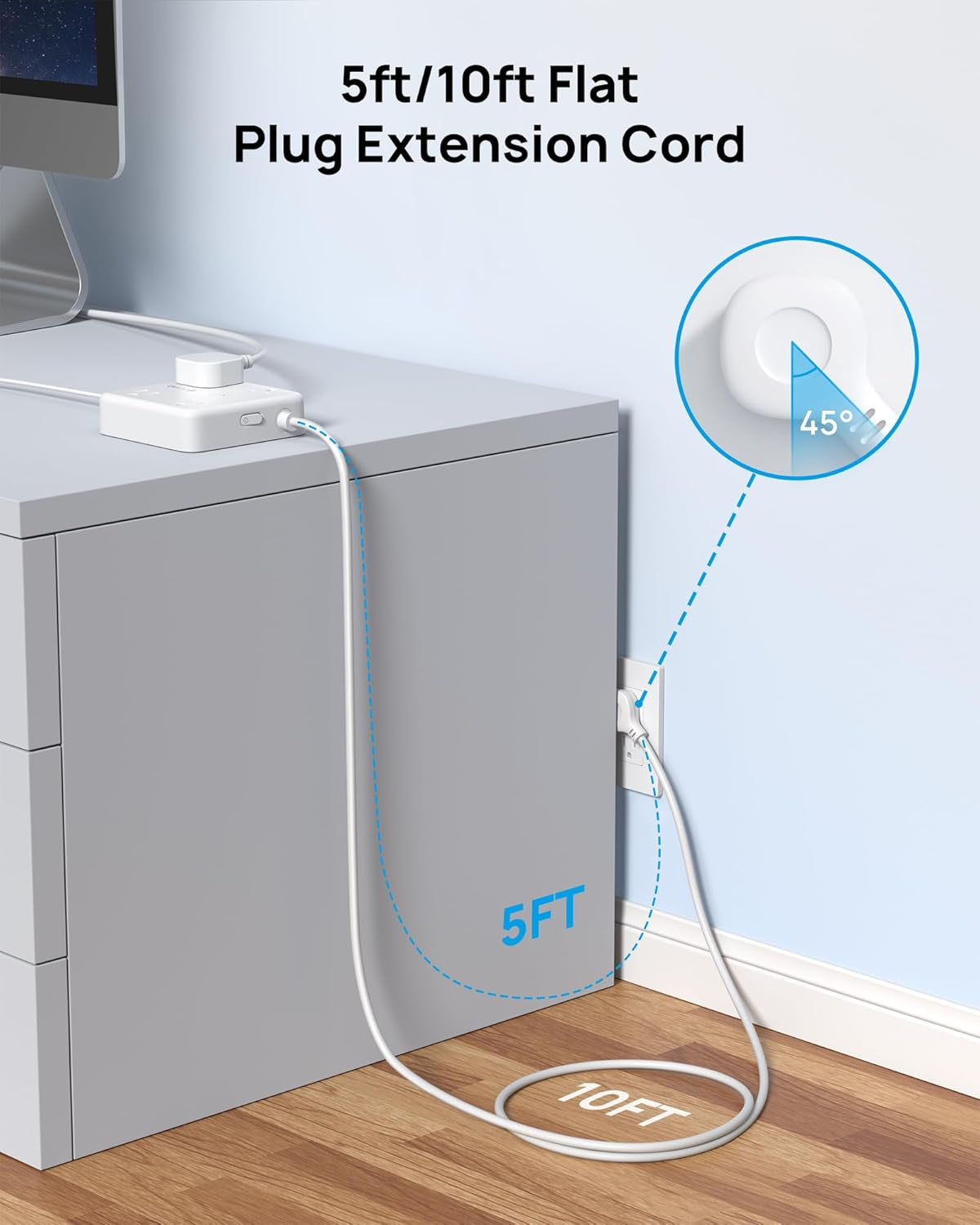 Surge Protector Power Strip with USB Ports, 5Ft Flat Plug Extension Cord with Multiple Outlets, 1440J, Wall Mount for Home Office Dorm Room Essentials, White
