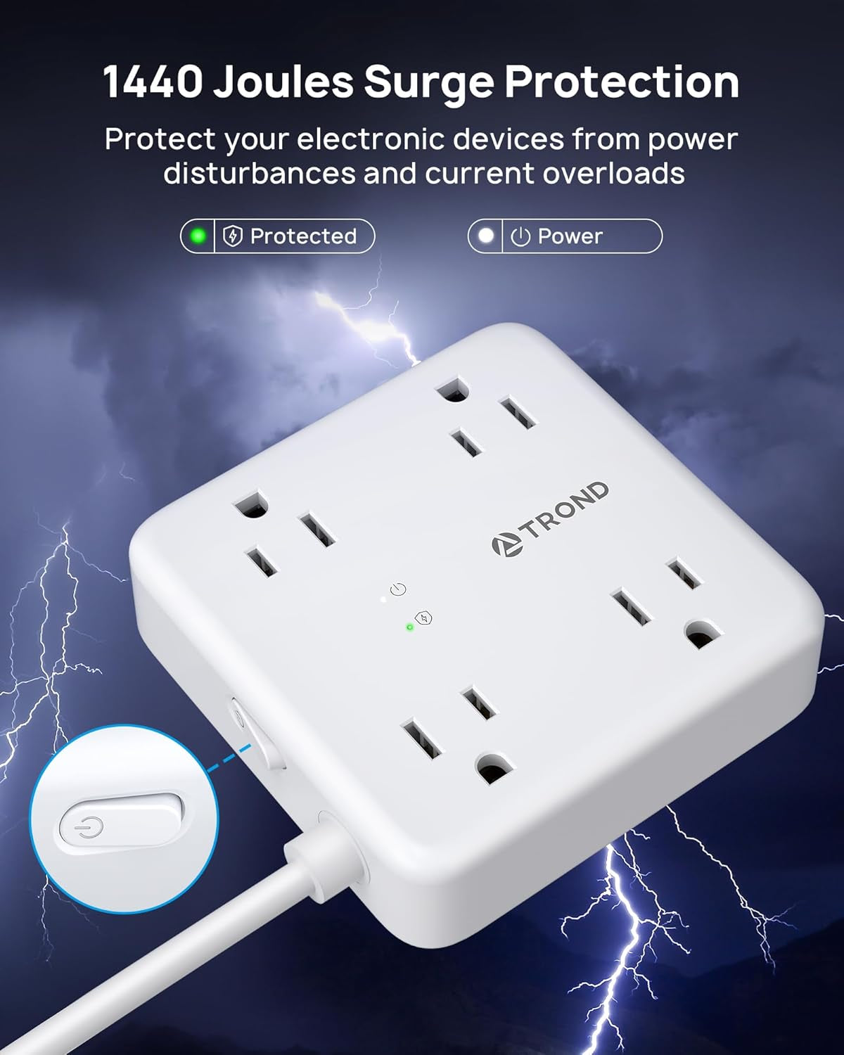 Surge Protector Power Strip with USB Ports, 5Ft Flat Plug Extension Cord with Multiple Outlets, 1440J, Wall Mount for Home Office Dorm Room Essentials, White