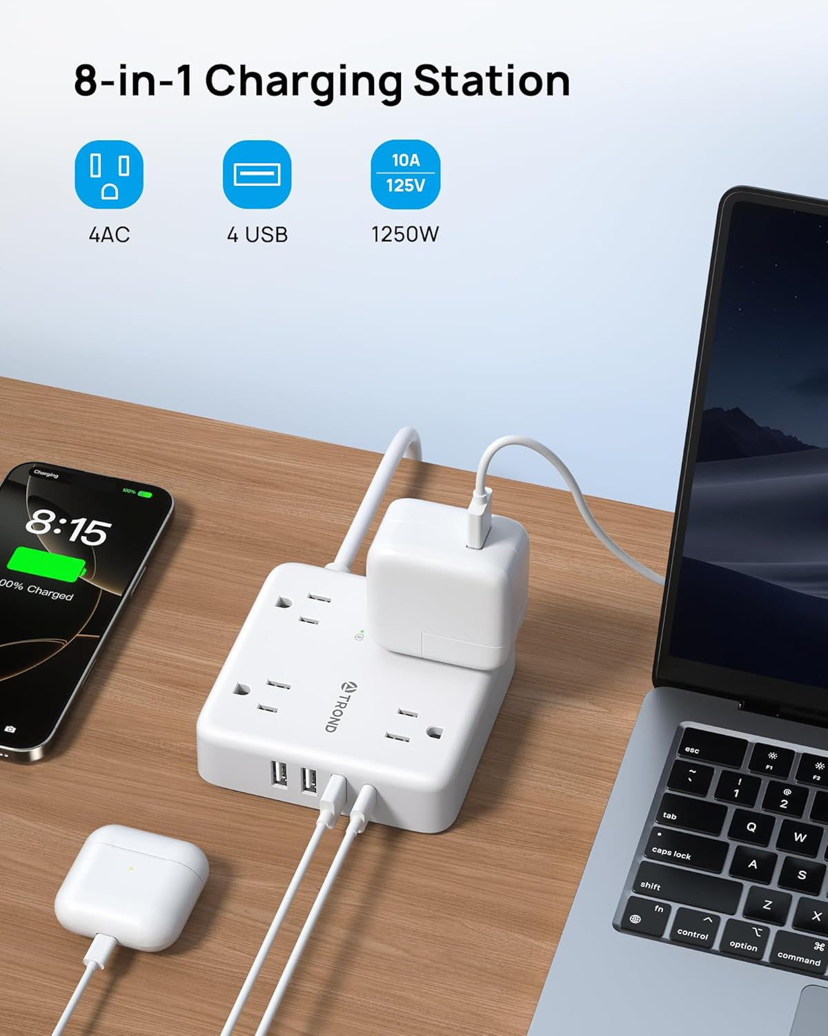 Surge Protector Power Strip with USB Ports, 5Ft Flat Plug Extension Cord with Multiple Outlets, 1440J, Wall Mount for Home Office Dorm Room Essentials, White