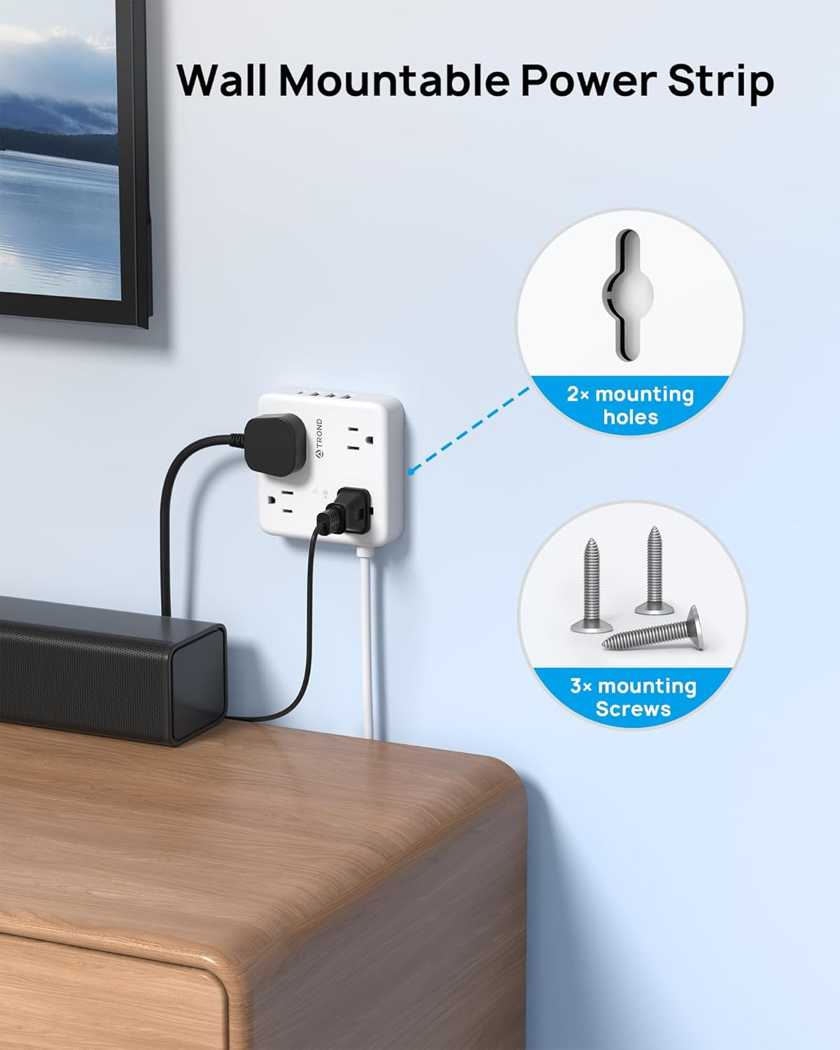 Surge Protector Power Strip with USB Ports, 5Ft Flat Plug Extension Cord with Multiple Outlets, 1440J, Wall Mount for Home Office Dorm Room Essentials, White