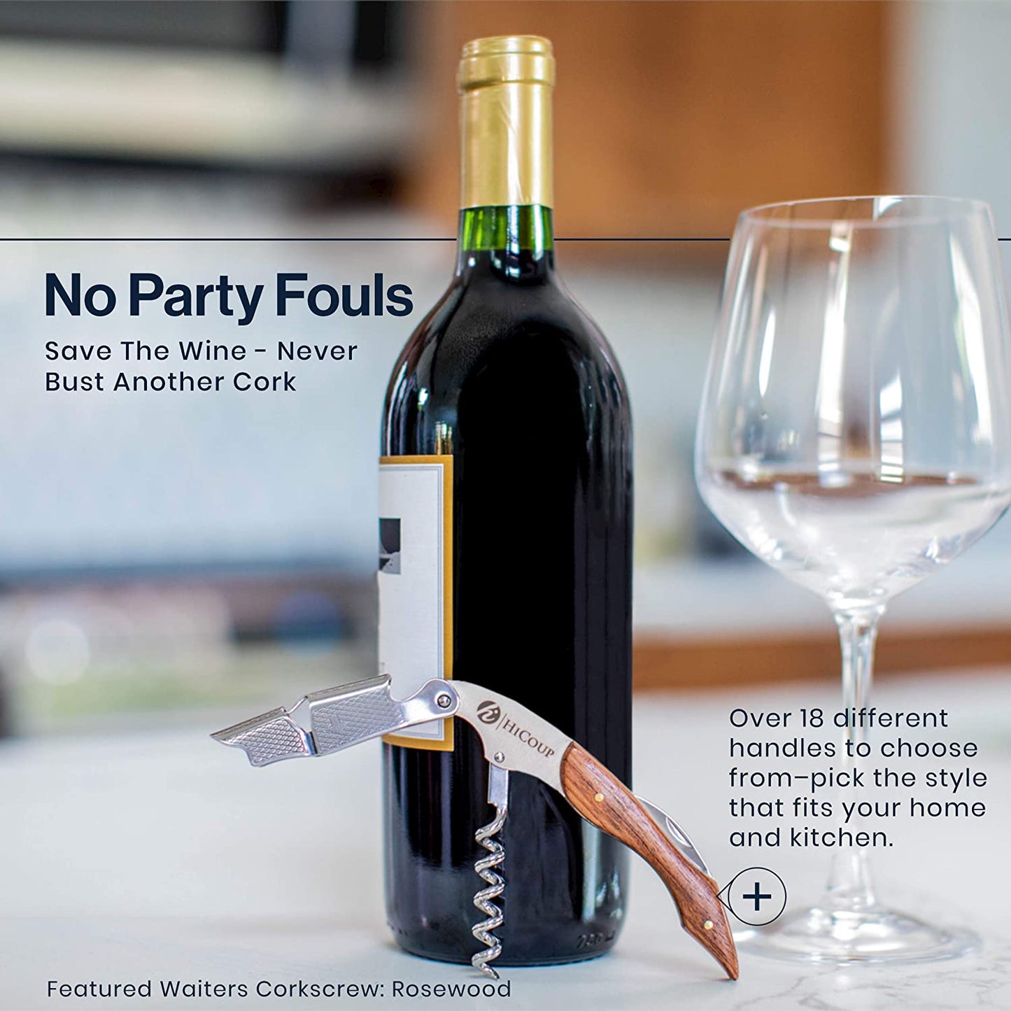 Hicoup Wine Opener - Professional Corkscrews for Wine Bottles W/Foil Cutter and Cap Remover - Manual Wine Key for Servers, Waiters, Bartenders and Home Use - Stainless Steel with Rosewood