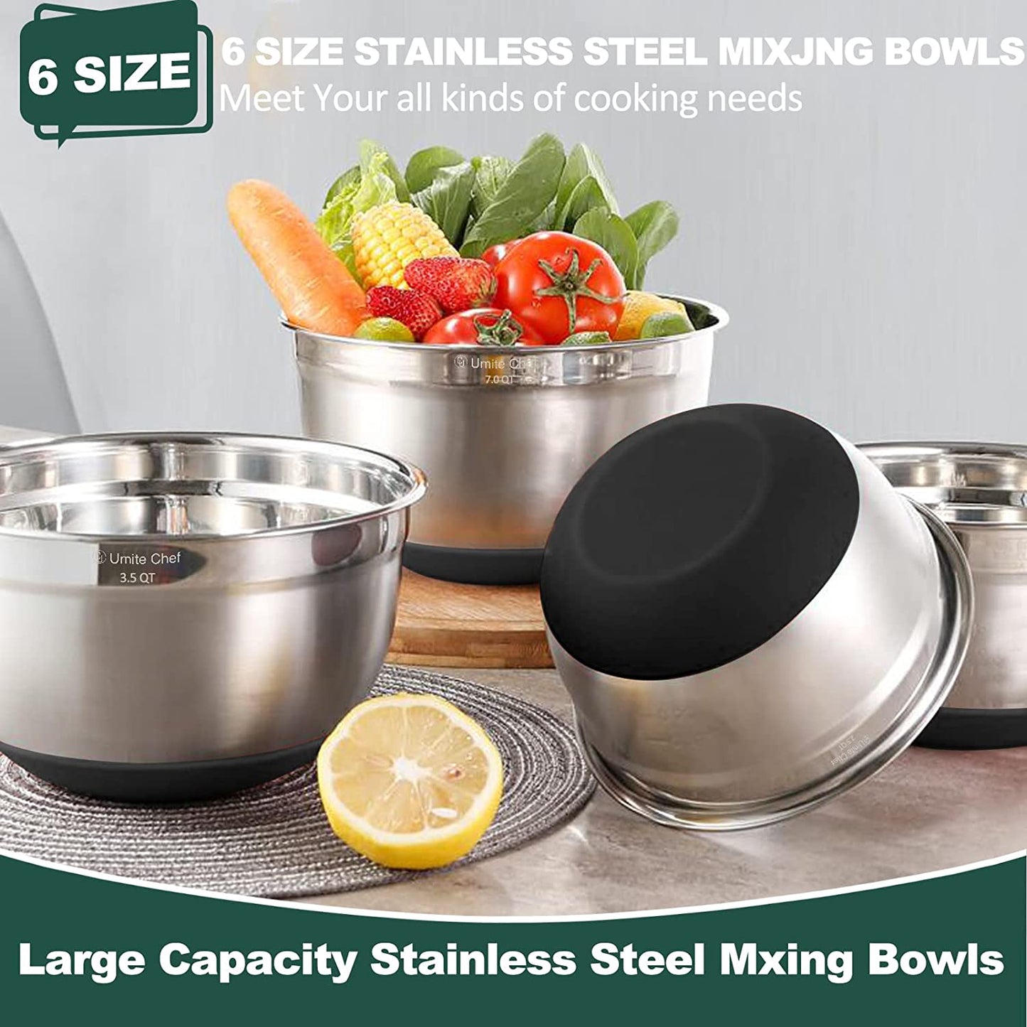 Mixing Bowls with Airtight Lids,6 Piece Stainless Steel Metal Nesting Storage Bowls, Non-Slip Bottoms Size 7, 3.5, 2.5, 2.0,1.5, 1QT, Great for Mixing & Serving(Black)