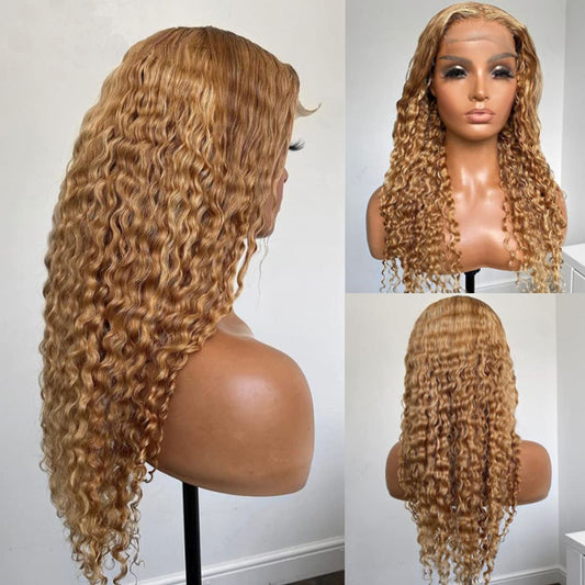 Blonde Curly Lace Front Wigs Human Hair, 13X4 Deep Wave Lace Frontal Wigs Pre Plucked with Baby Hair Glueless Brazilian #27 Colored Wigs for Black Women 24 Inch 150% Density