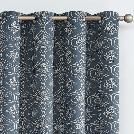 90% Blackout Moroccan Tile Curtains 63 Inches Long for Bedroom Blue Trellis Floral Quatrefoil Printed Grommet Top Room Darkening Thermal Insulated Window Drapes 2 Panels