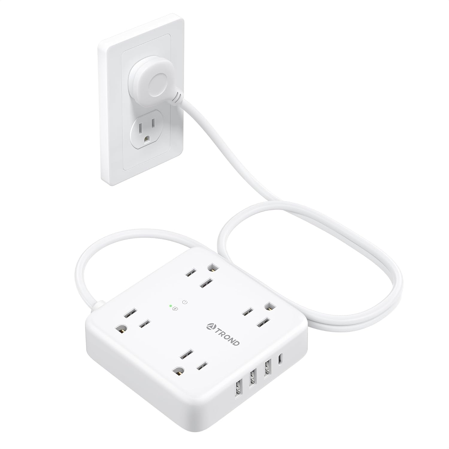 Surge Protector Power Strip with USB Ports, 5Ft Flat Plug Extension Cord with Multiple Outlets, 1440J, Wall Mount for Home Office Dorm Room Essentials, White