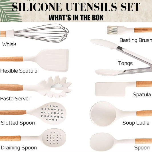White Silicone Cooking Utensils Set Non Toxic - 11 Pcs Nonstick Kitchen Utensils Set with Holder - Heat-Resistant, BPA Free Spatula Set with Heat Resistant Wood Handles for Nonstick Cookware