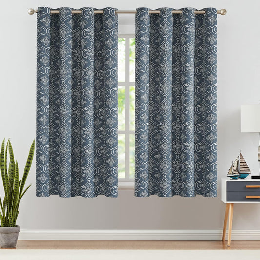 90% Blackout Moroccan Tile Curtains 63 Inches Long for Bedroom Blue Trellis Floral Quatrefoil Printed Grommet Top Room Darkening Thermal Insulated Window Drapes 2 Panels