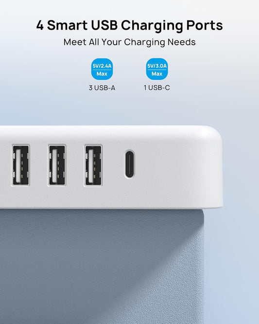 Surge Protector Power Strip with USB Ports, 5Ft Flat Plug Extension Cord with Multiple Outlets, 1440J, Wall Mount for Home Office Dorm Room Essentials, White