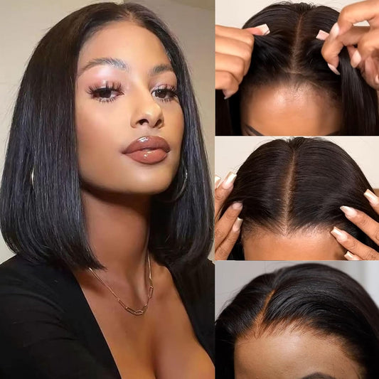 Glueless Bob Wigs Human Hair Wear and Go Glueless Wigs Pre Cut HD Lace Front Bob Wigs Human Hair Pre Plucked 180 Density No Glue 5X5 Closure Bob Wigs for Black Women with Baby Hair 14 Inch